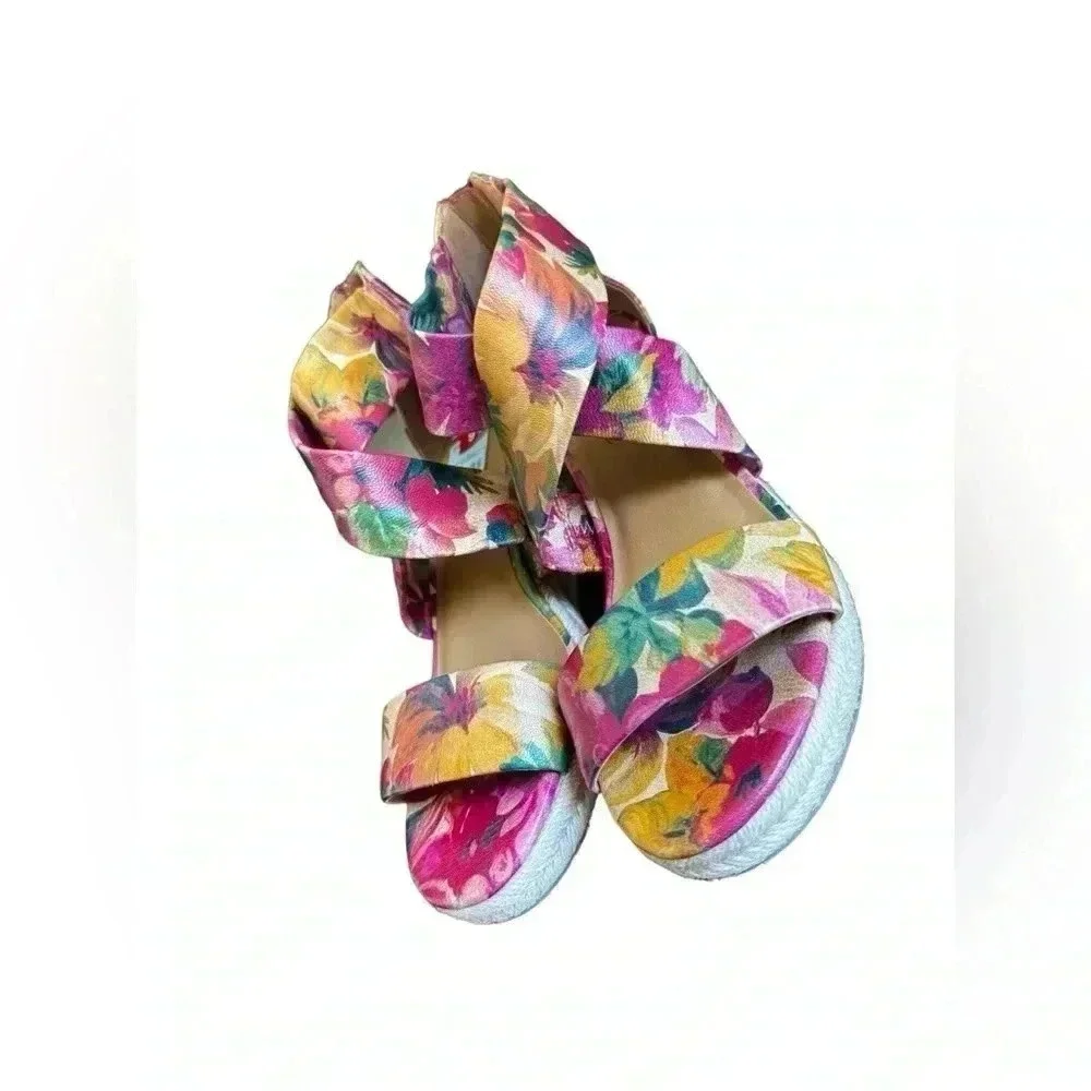 Patricia Nash leather floral “Rubia” espadrille wedge sandals in Spring Multi